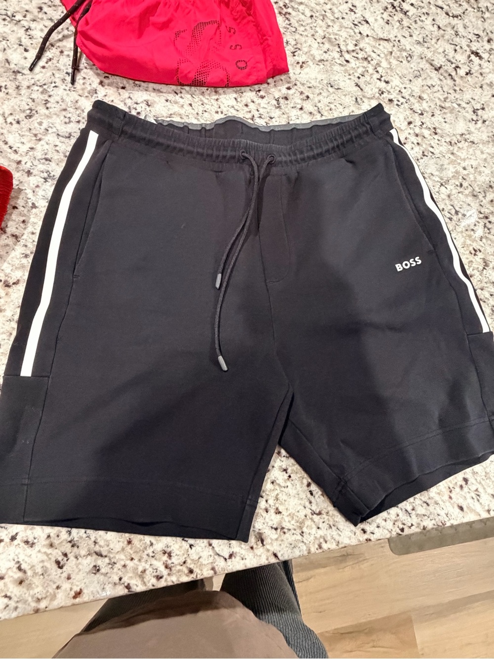 BOSS Black Athletic Drawstring Shorts with White Side Stripes